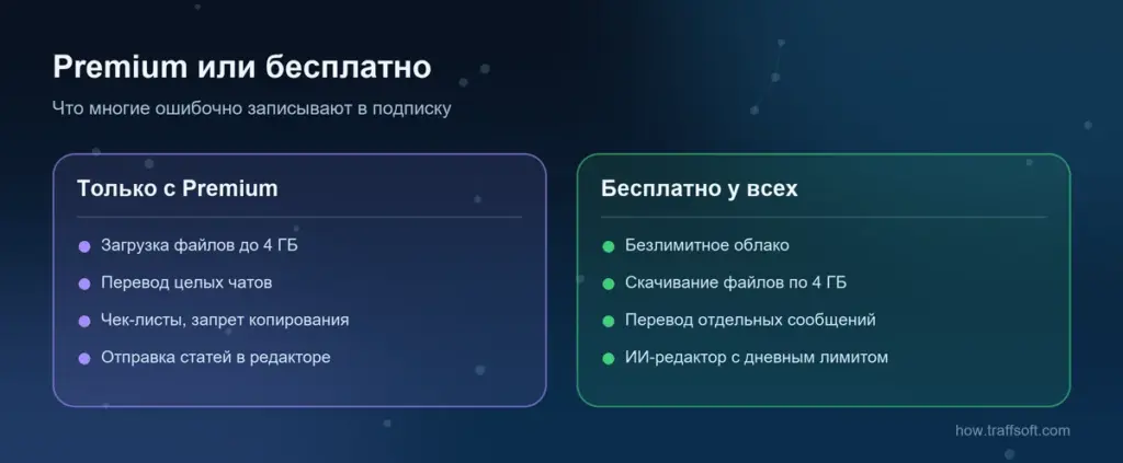 Что даёт телеграм премиум, а что бесплатно у всех: файлы, перевод, облако и ИИ-редактор