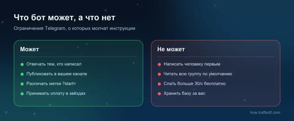 Что бот в телеграм может и чего не может: писать первым, видеть всё в группе, рассылать без лимитов