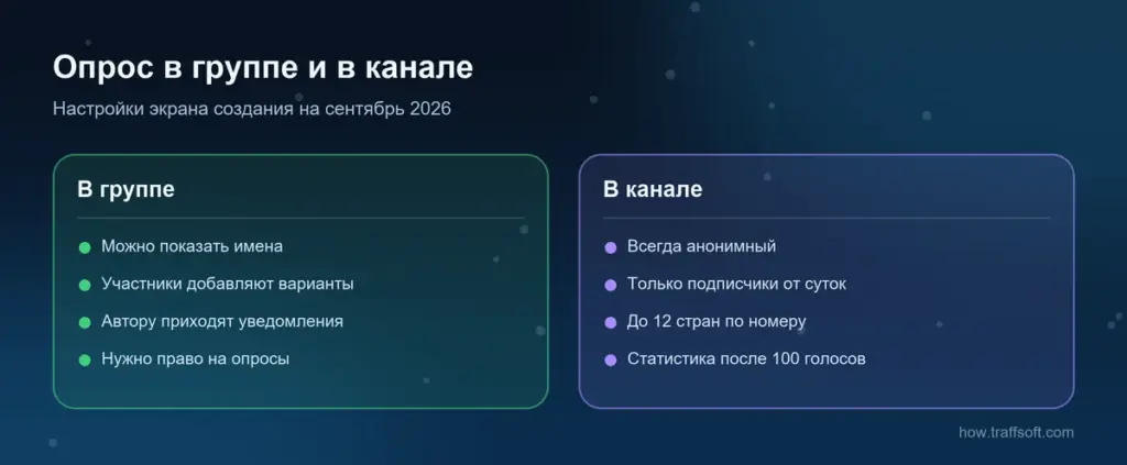 Опрос в группе и опрос в телеграм канале: анонимность, варианты от участников, только подписчики и страны