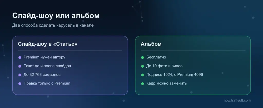 Карусель в телеграм канале: слайд-шоу в «Статье» или альбом — Premium, лимиты и правка после публикации