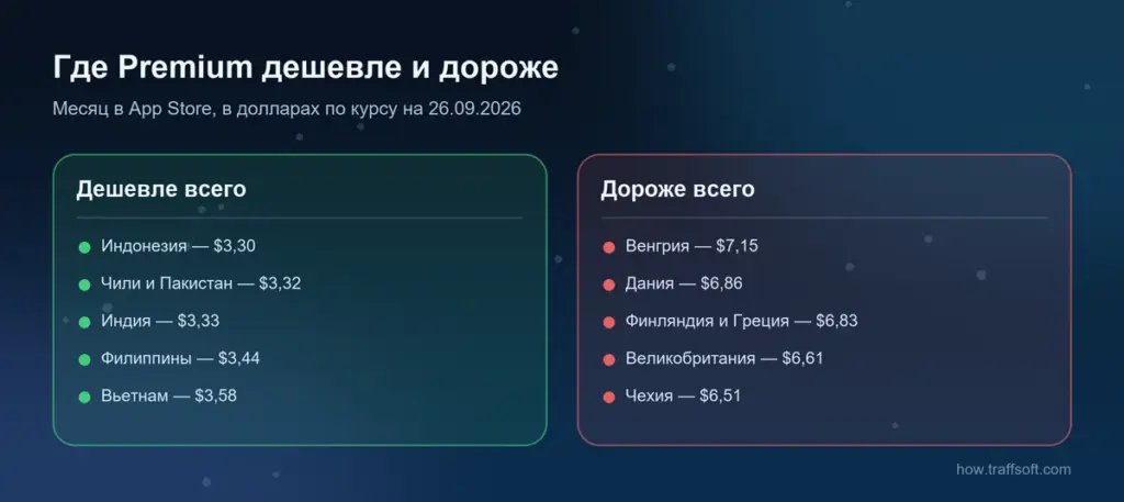 Где Telegram Premium дешевле и дороже всего: цены за месяц в App Store по странам на 26.09.2026