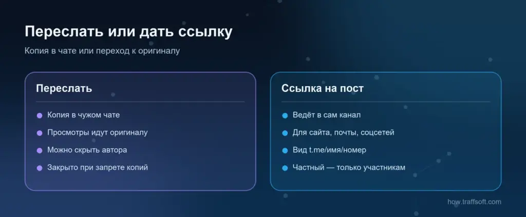 Пересылка или ссылка на пост в телеграмме: что видит получатель и куда ведёт ссылка