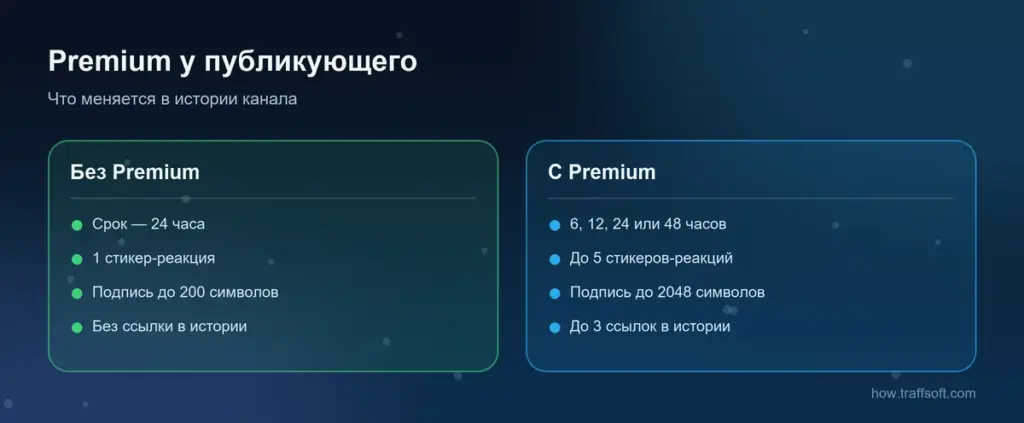 История в тг канале с Premium и без: срок, стикеры-реакции, подпись и ссылка
