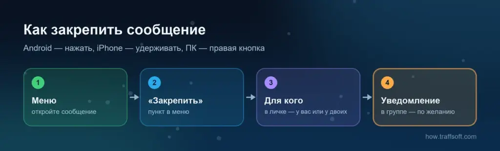 Как закрепить сообщение в телеграмме: меню сообщения, пункт «Закрепить», выбор для кого и уведомление