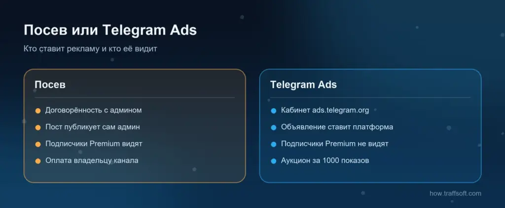 Telegram Ads и посев: кто ставит рекламу, видят ли её подписчики Premium и как платят
